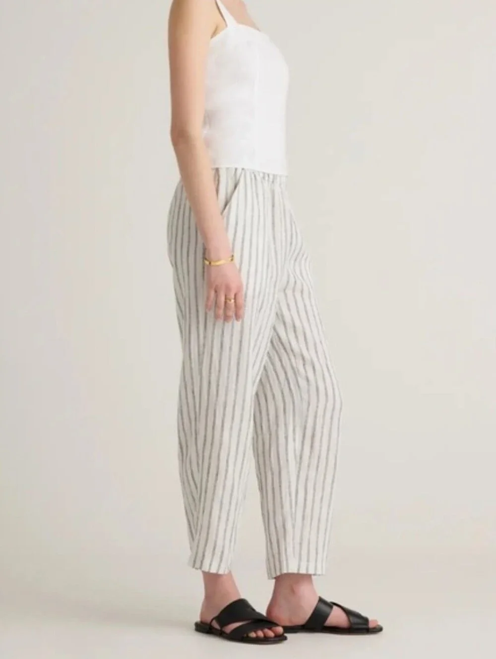 Quince Women's White Black Striped 100% Linen Trousers Size Small Summer